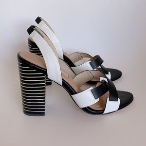 L'AGENCE Black and White Striped Heel Sandals